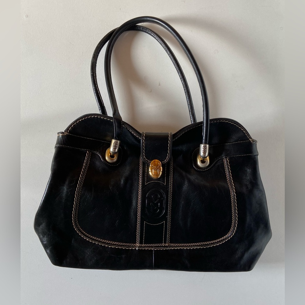 Marino Orlandi Black Leather Tote with Gold Hardware
